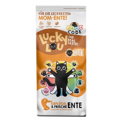 Lucky Lou Adult Katzenfutter mit Geflügel und frischer Ente. Wieder verschliessbar, ohne Kartoffeln, getreidefrei, ohne Zuckerzusatz. Für gesunde Augen, schönes Fell und starke Krallen.