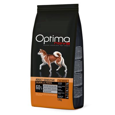 Optimanova Adult Sensitive lazac és burgonya, 70% hústartalom, hipoallergén, gabonamentes, minden fajtának. Összetevők: 40% friss lazac, 25% dehidratált lazac, 5% hidrolizált lazac.