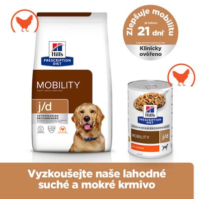Hill's Prescription Diet Mobility j/d suché a mokré krmivo, klinicky testované, zlepšuje mobilitu za 21 dní, s kuracím. Text: Vyskúšajte naše chutné suché a mokré krmivo.