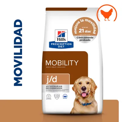 Hill's Prescription Diet Mobility j/d, clínicamente probado, mejora la movilidad en 21 días, recomendado por veterinarios, símbolo de pollo, imagen de un perro en el envase.