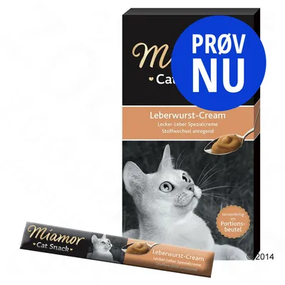 Miamor Cat Snack Leberwurst-Cream, Lecker-Leber Spezialcreme, Stoffwechsel anregend, serveringsklar i portionsbeutel. Stor blå cirkel med teksten PRØV NU.