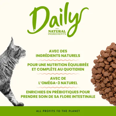 Daily avec des ingrédients naturels, alimentation quotidienne équilibrée, contient des oméga-3, enrichi en prébiotiques pour la flore intestinale. Tous les bénéfices pour la planète. Daily avec des ingrédients naturels, alimentation quotidienne équilibrée, contient des oméga-3, enrichi en prébiotiques pour la flore intestinale. Tous les bénéfices pour la planète.