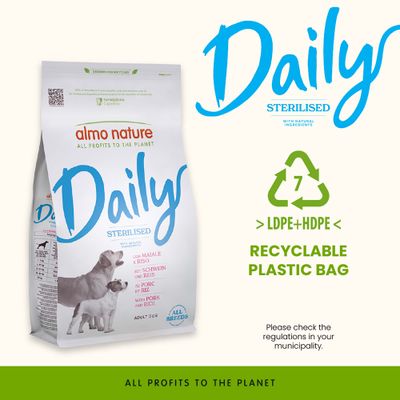 almo nature Daily Sterilised sertéshússal és rizzsel, újrahasznosítható LDPE+HDPE műanyag csomagolásban, minden fajtájú felnőtt kutya számára. Minden nyereség a bolygóért.