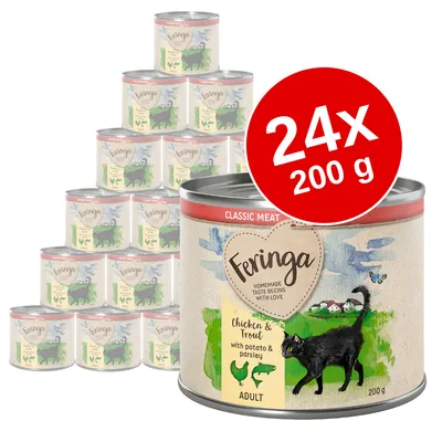 Feringa Chicken & Trout with potato & parsley aikuisen kissan märkäruoka, 24 x 200 g tölkkiä pakkauksessa. Etiketissä musta kissa ja tuotetiedot englanniksi.