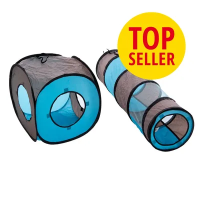 Blå og grå legetunnel og kube med runde åbninger, tekst: TOP SELLER på gul cirkel. Materiale: stof og net.