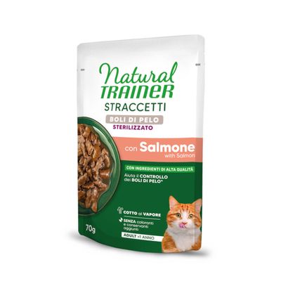 Natural Trainer Sterilised Boli di pelo Straccetti in salsa Set %: 56 x 70 g con Salmone