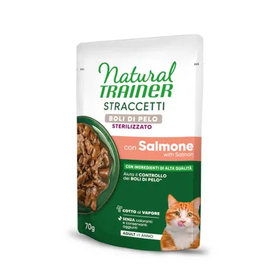Natural Trainer Straccetti Hairball Sterilised Fâșii în sos - 28 x 70 g cu Somon Natural Trainer Straccetti Hairball Sterilised Fâșii în sos - 28 x 70 g cu Somon