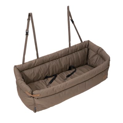 Brown, padded carrier with two seat belts and adjustable carrying straps.