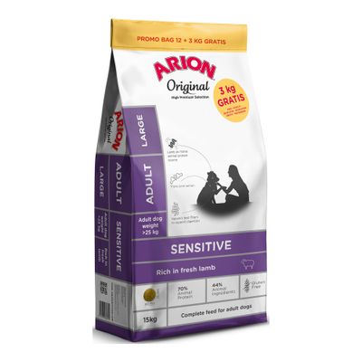 Arion Original Adult Large Sensitive, reich an frischem Lamm. Für Hunde über 25 kg. 70% tierisches Protein, 44% tierische Zutaten, getreidefrei.