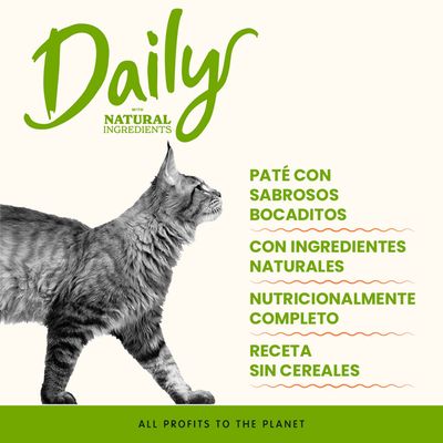 Daily con ingredientes naturales. Paté con trozos sabrosos, elaborado con ingredientes naturales, completo, receta sin cereales. Todos los beneficios para el planeta.