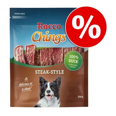 Rocco Chings Steak-Style, 100% duck in the meat content, 200 g. Stor röd rabatt-symbol med procenttecken synlig på förpackningen.