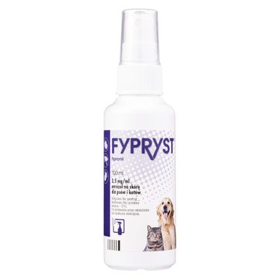 FYPRYST Fipronil Spray, 100 ml, 2,5 mg/ml. Aerozol na skórę dla psów i kotów. Ilustracja butelki z rozpylaczem i zwierzętami.