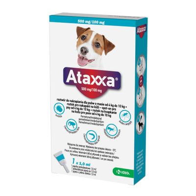 Ataxxa 500 mg/100 mg roztwór typu spot-on dla psów od 4 do 10 kg, zawiera permetrynę i imidaklopryd, 1 x 1,0 ml, chroni przed kleszczami, pchłami i komarami.