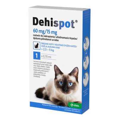 Dehispot 60 mg/15 mg, dla kotów średniej wielkości 2,5–5 kg, 1 x 0,70 ml. Wyłącznie dla zwierząt. Producent: KRKA.
