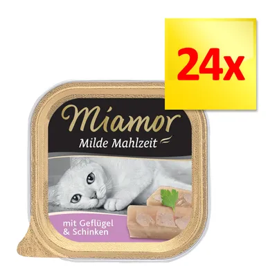 Miamor Milde Mahlzeit mit Geflügel & Schinken, opak z wizerunkiem kota, zestaw 24x widoczny na żółtym tle