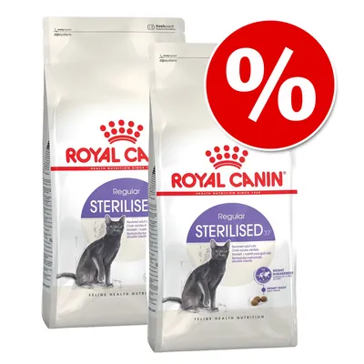 Royal Canin Regular Sterilised 37 macskaeledel, két csomag piros százalékjellel akcióhoz.
