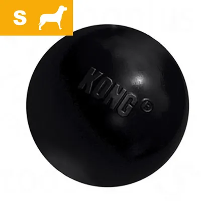 Black KONG ball with embossed brand name, size S indicated in top left corner with a silhouette of a dog. Black KONG ball with embossed brand name, size S indicated in top left corner with a silhouette of a dog.
