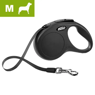 Retractable black lead with handle and metal clip, labelled medium size with dog icon in green box. Suitable for medium-sized pets as shown.