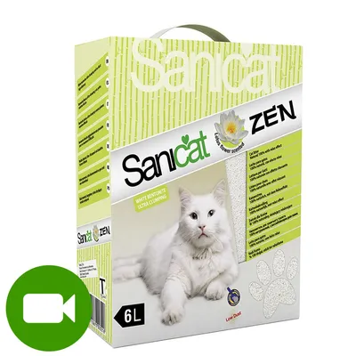 Упаковка наполнителя для кошачьего туалета Sanicat ZEN, 6 л, белый бентонит, ультракомкующийся, аромат лотоса. Видна фотография белой кошки и изображение лапы. Упаковка наполнителя для кошачьего туалета Sanicat ZEN, 6 л, белый бентонит, ультракомкующийся, аромат лотоса. Видна фотография белой кошки и изображение лапы.