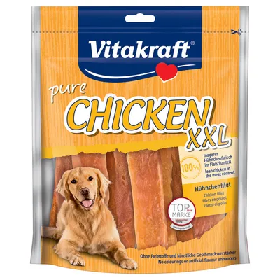 Vitakraft pure CHICKEN XXL, filetto di pollo 100%, senza coloranti né esaltatori di sapidità artificiali, immagine di cane e strisce di carne visibili sulla confezione.