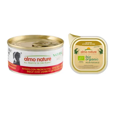 Prezzo speciale! 6 x 95 g Almo Nature HFC + 6 x 100 g Almo Nature BioOrganic Maintenance - Manzo con Prosciutto
