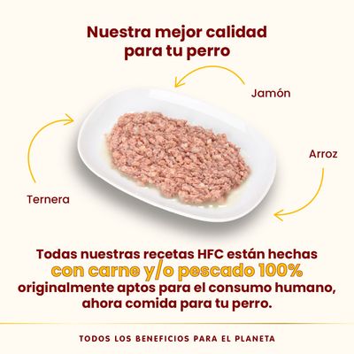 Nuestra mejor calidad para tu perro. Ternera, jamón y arroz. Todas nuestras recetas HFC están hechas con carne y/o pescado 100% aptos para consumo humano, ahora comida para tu perro.