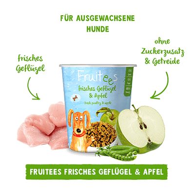 FRUITEES frisches Geflügel & Apfel, für ausgewachsene Hunde, ohne Zuckerzusatz und Getreide, mit frischem Geflügel und Apfel abgebildet.