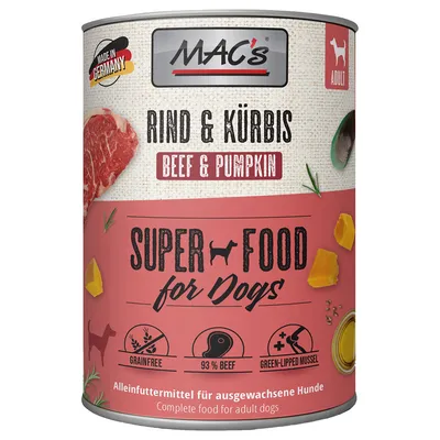 MAC's Rind & Kürbis Super Food за кучета. Произведено в Германия, без зърнени храни, 93% говеждо, зеленоуста мида. Пълноценна храна за възрастни кучета.