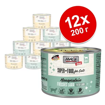 MAC's Super Food for Cats Monoprotein Frisches Lamm, 12×200 г консерви за котки. Видими иконки: без зърно, грижа за алергии, 94% агнешко. Надпис Made in Germany. MAC's Super Food for Cats Monoprotein Frisches Lamm, 12×200 г консерви за котки. Видими иконки: без зърно, грижа за алергии, 94% агнешко. Надпис Made in Germany.