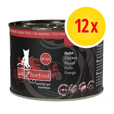 catz finefood N°103 Huhn. 12 x puszka karmy dla kotów, bez zbóż, bez testów na zwierzętach, 98 % mięsa i bulionu, bez dodatku cukru. Tekst w języku niemieckim i angielskim.
