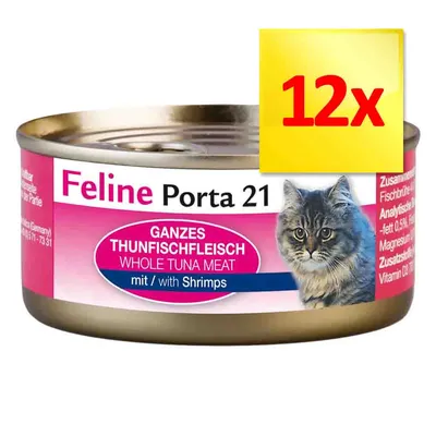 Feline Porta 21, GANZES THUNFISCHFLEISCH WHOLE TUNA MEAT mit/with Shrimps, zestaw 12x puszka z tuńczykiem i krewetkami dla kotów. Na opakowaniu zdjęcie kota.