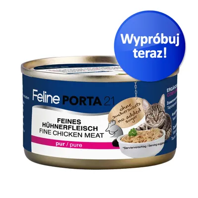 Feline Porta 21 Feines Hühnerfleisch Fine Chicken Meat pur. Bez dodatku cukru. Wypróbuj teraz! Na etykiecie zdjęcie kota i miski z mięsem kurczaka.