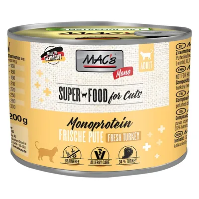 MAC's Mono Super Food for Cats, Monoprotein Frische Pute Fresh Turkey, Adult, 200 g. Grainfree, Allergy Care, 94% Turkey, Made in Germany. Testo anche in inglese e tedesco visibile. MAC's Mono Super Food for Cats, Monoprotein Frische Pute Fresh Turkey, Adult, 200 g. Grainfree, Allergy Care, 94% Turkey, Made in Germany. Testo anche in inglese e tedesco visibile.