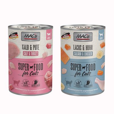 MAC's Super Food for Cats, kaczka, indyk i kurczak, 24x 400g, wyprodukowano w Niemczech, bez zbóż, wysoka zawartość mięsa, pełnoporcjowa karma dla dorosłych kotów.
