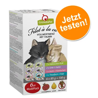 GranataPet Filet à la carte Vollwertmenü mit Taurin. 6er Multipack: 2x Hühnchen PUR, 2x Ente & Huhn, 1x Huhn & Kaninchen, 1x Thunfisch & Pute. Granatapfelkerne, Lachsöl, ohne Getreide. GranataPet Filet à la carte Vollwertmenü mit Taurin. 6er Multipack: 2x Hühnchen PUR, 2x Ente & Huhn, 1x Huhn & Kaninchen, 1x Thunfisch & Pute. Granatapfelkerne, Lachsöl, ohne Getreide.