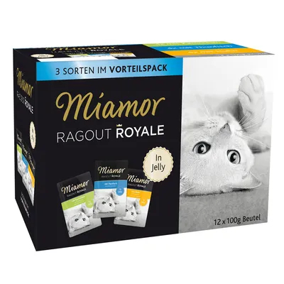 Miamor Ragout Royale en gelatina, pack ahorro con 3 variedades, 12 x 100g bolsas. Con atún, pollo y salmón.