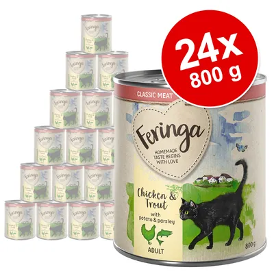 Pack de 24 latas Feringa Chicken & Trout with potato & parsley, Adult, 800 g cada. Texto visível: 'Homemade taste begins with love'. Imagem de gato preto na embalagem.