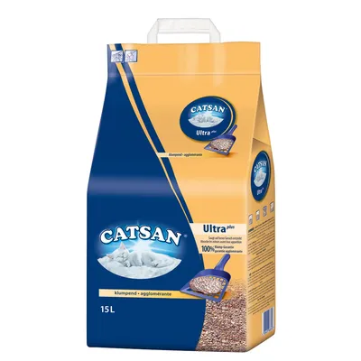 Sac de litière agglomérante Catsan Ultra Plus 15L, texte visible : 100 % garantie agglomérante, klumpend – agglomérante, Ultra plus, image d’un chat blanc sur fond bleu. Sac de litière agglomérante Catsan Ultra Plus 15L, texte visible : 100 % garantie agglomérante, klumpend – agglomérante, Ultra plus, image d’un chat blanc sur fond bleu.