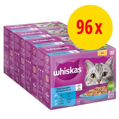 Lot de 96 sachets Whiskas Les Poissons favoris en gelée pour chats 7+, visible : saumon, thon, cabillaud, poissons blancs. Texte sur l’emballage en français et allemand. Lot de 96 sachets Whiskas Les Poissons favoris en gelée pour chats 7+, visible : saumon, thon, cabillaud, poissons blancs. Texte sur l’emballage en français et allemand.