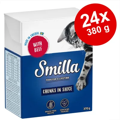 Smilla Chunks in Sauce med nötkött, 24 x 380 g. Text: Made in Sweden, with beef, grain-free recipe, contains taurine. Närings- och utfodringsinformation synlig på förpackningen.