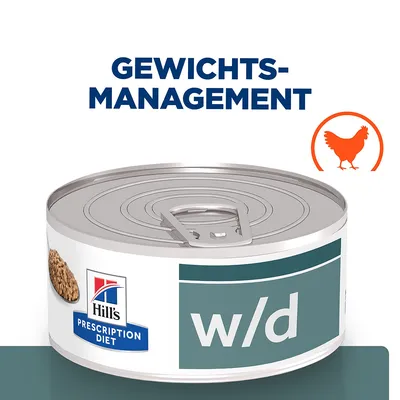 Hill's Prescription Diet w/d Dose mit Huhn, Aufschrift 'Gewichtsmanagement', Abbildung einer Henne. Hill's Prescription Diet w/d Dose mit Huhn, Aufschrift 'Gewichtsmanagement', Abbildung einer Henne.