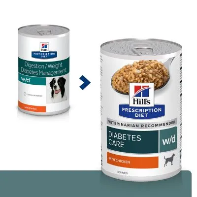 Twee blikken Hill's Prescription Diet w/d: links 'Digestion/Weight Diabetes Management', rechts nieuw ontwerp 'Diabetes Care with Chicken' met afbeelding van voer en katpictogram.