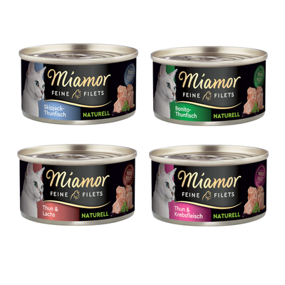 24 lattine da 80 g di Miamor Feine Filets Huhn & Thun Naturell, confezione visibile con etichetta e immagine di un gatto sul fronte.