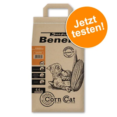 Sac de litière Corn Cat 4,4 kg, texte en allemand « Jetzt testen! », mentions visibles : natural, GMO free, clumping, absorbs unpleasant odors, FutterTester.de gut, illustration chat et épi de maïs.