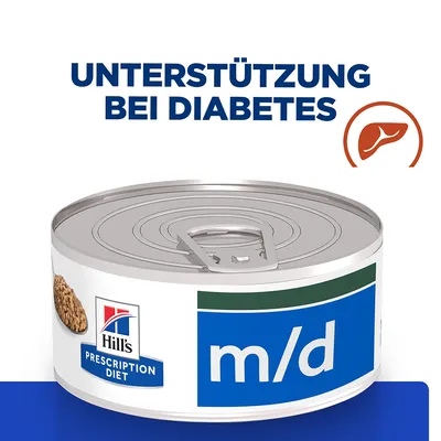 Hill's Prescription Diet m/d Dose, Unterstützung bei Diabetes, mit Symbol einer Leber.