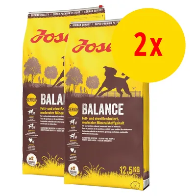 2 sacs de croquettes Josera Balance Senior, 12,5 kg chacun. Texte visible : taux de graisses et de protéines réduit, recette sans gluten, niveau modéré de minéraux. 2 sacs de croquettes Josera Balance Senior, 12,5 kg chacun. Texte visible : taux de graisses et de protéines réduit, recette sans gluten, niveau modéré de minéraux.