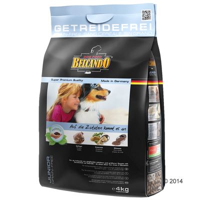 Belcando Dog Food Junior Grain-Free, balenie 4 kg. Text: Super Premium Quality, Made in Germany, Auf die Zutaten kommt es an. Obrázky kurčaťa, amarantu a chia semien na obale.