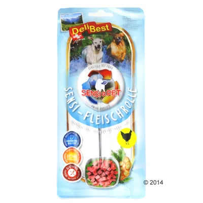 Опаковка DeliBest SensiPet Sensi-Fleischrolle с изображение на кучета, кубчета месо и пиктограми: качество, оптимално усвояване, без глутен. Видима е икона на пиле.