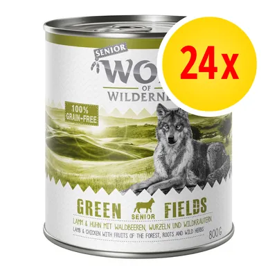Wolf of Wilderness Senior Green Fields koiran märkäruoka, 100 % viljaton, lammas ja kana, 800 g. Pakkaus sisältää 24 purkkia.