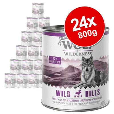 Wolf of Wilderness Wild Hills Senior, 24x800g tins, 100% grain-free, duck & veal with fruits of the forest, roots and wild herbs. Large red badge shows 24x 800g.